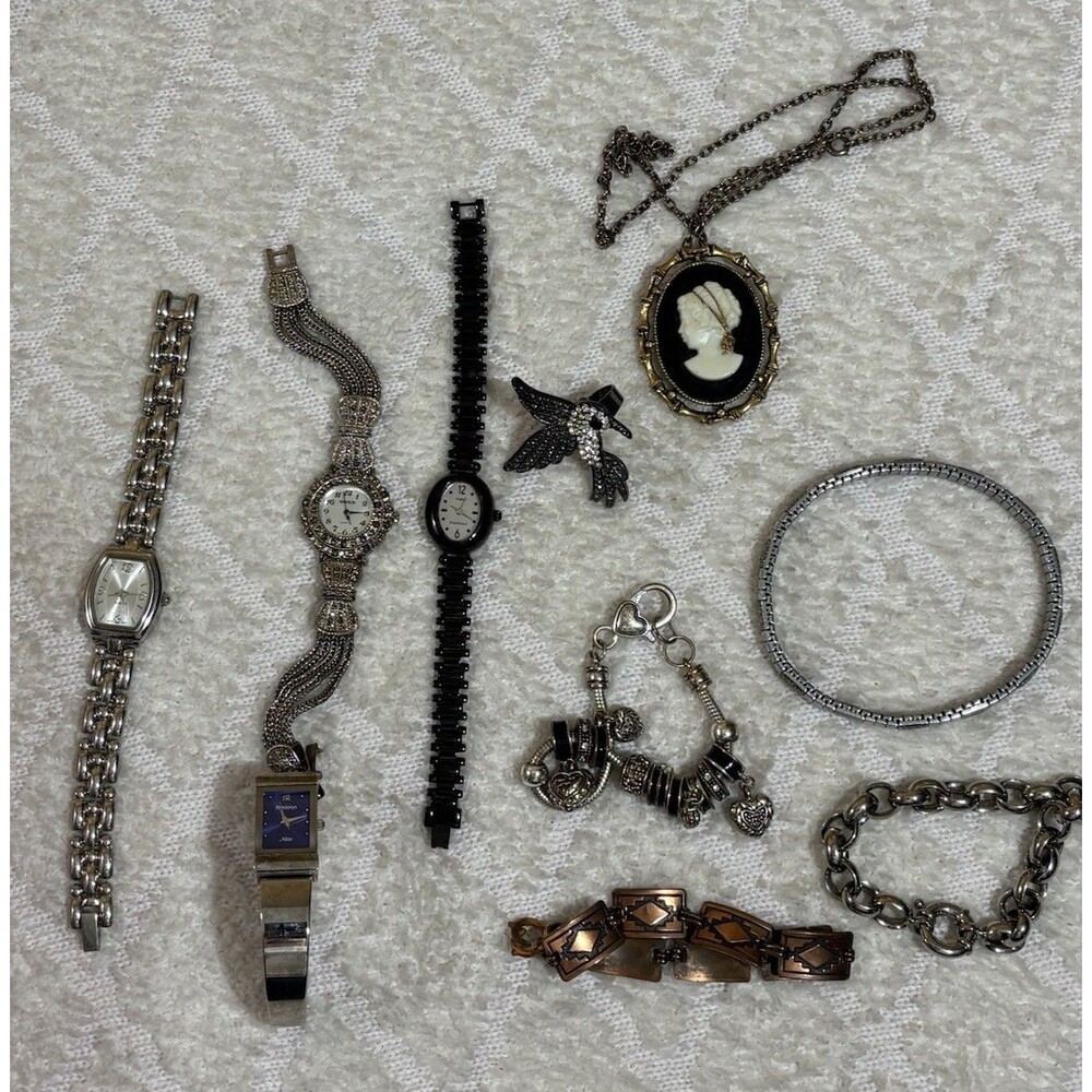 Vintage Costume Jewelry Lot 10pc Mixed Watches Bracelets Necklace Ring